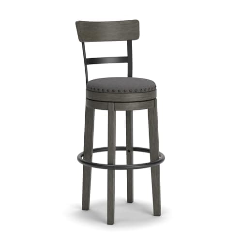 Signature Design by Ashley Caitbrook Swivel Barstool, Counter Height Stool with Back, Solid Wood Frame, Antiqued Gray Wash Finish, Gray Fabric Seat, Barstool for Kitchen Island or Bar