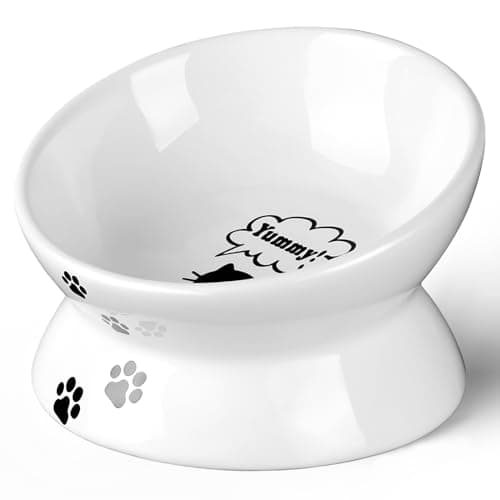 SUNQEBO Elevated Cat Bowls, Bowl Anti Vomiting Raised Cat Bowl for Indoor Cats, Ceramic Pet Food Bowl for Flat Faced Cats Protect Pet's Spine Whisker Friendly Dishwasher Safe White Patterned