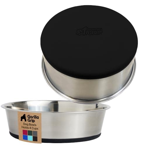 GORILLA GRIP Dog Bowls, Food Grade 304 Stainless Steel, Holds 4 Cups Each (32 fl oz) Food and Water Bowl for Feeding Dogs and Cats, Dishwasher Safe, Rust Resistant, BPA Free Rubber Base Set of 2 Black