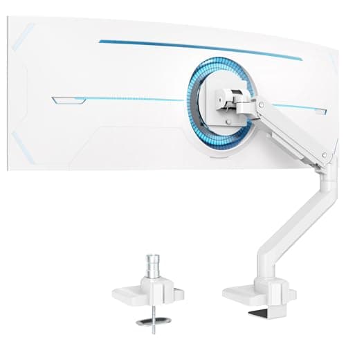 Premium Heavy Duty Monitor Arm for 17 to 49 inch Screens up to 44lbs, Fully Adjustable Ultrawide Single Clamp-on Desk Mount Stand, VESA 75x75/100x100mm (White)