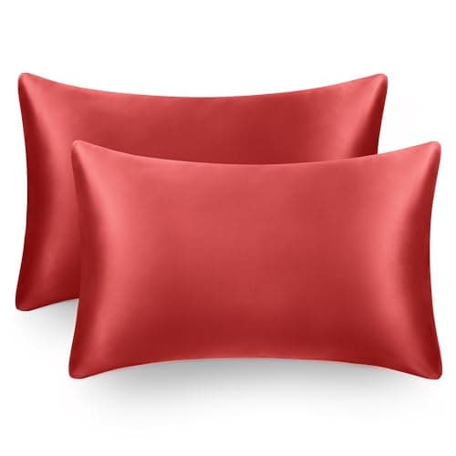 EXQ Home Silky Satin Pillowcase for Hair and Skin,Pillow Cases Standard Size Set of 2 Satin Pillow Case 2 Pack with Envelope Closure Red (20x26 inches)