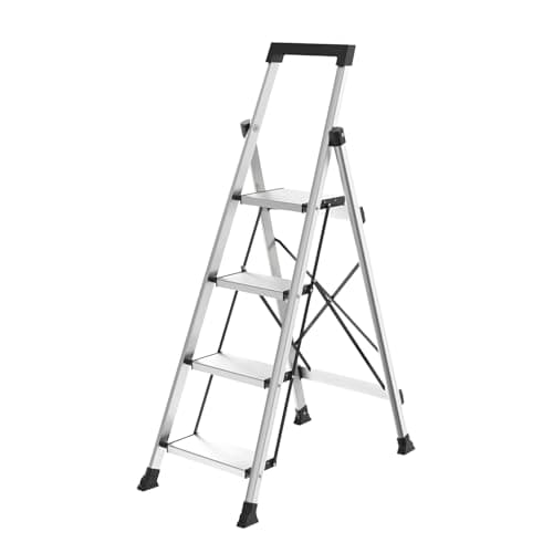 HBtower 4 Step Ladder, Lightweight Aluminum Ladders for Home with Tool Tray, Anti-Slip Folding Step Stool for Adults, Strudy Portable 330LBS Capacity 9