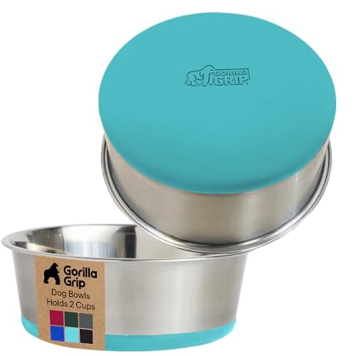 GORILLA GRIP Dog Bowls, Food Grade 304 Stainless Steel Holds 2 Cups Each (16 fl oz) Food and Water Bowl for Feeding Dogs and Cats Dishwasher Safe Rust Resistant BPA Free Rubber Base Set of 2 Turquoise