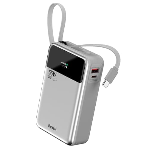 Hichain Laptop Power Bank 65W 20000mAh Portable Charger with Built-in USB-C Cable, 3-Port Fast Charging Battery Pack for MacBook iPhone 17 16/15 Series Android Switch Travel Essential Silver