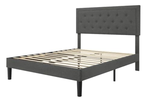 Allewie Queen Size Button Tufted/Fabric Upholstered Bed Frame with Adjustable Headboard/Wood Slat Support/Mattress Foundation/Dark Grey 9