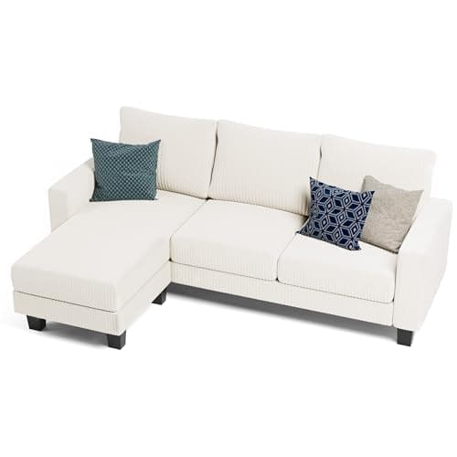 Homall Sofa for Living Room, Couch with Convertible Chaise, 3 Seat L-Shaped Sofas, Comfy Corduroy Couches for Apartment, Small Space, Cream 7