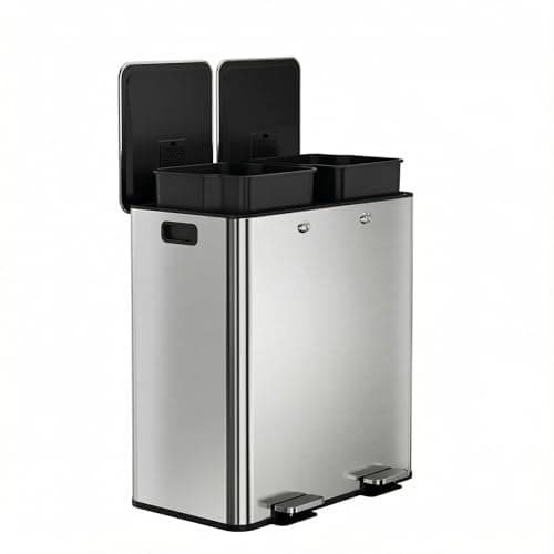 Garvee Trash Can, 16 gal Dual Compartment Stainless Steel Kitchen Trash Can for Recycling, 8+8 gal Plastic Inner Buckets and Quiet Close, Brushed, Airtight, Silver