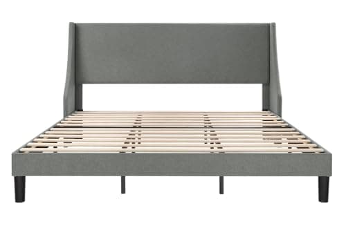 Allewie King Size Platform Bed Frame with Upholstered Headboard, Modern Deluxe Wingback, Wood Slat Support, Mattress Foundation, Light Grey 7