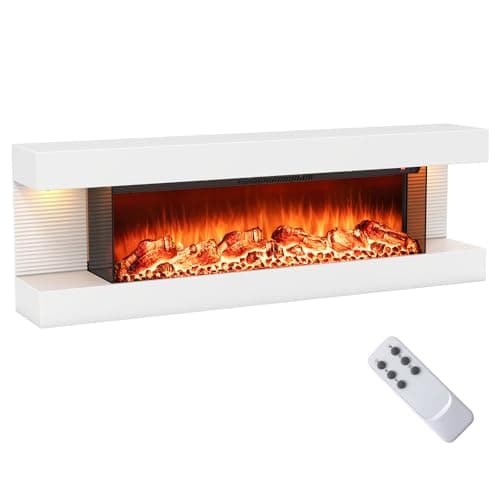 ORALNER 36-Inch Wall Mount Electric Fireplace with 50-Inch Floating Mantel, Remote, 3 Sided Electric Fireplace, 12 Adjustable Color Effect, 1500W Heater, White (50-INCH) 8