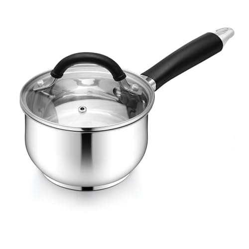 E-far 1 Quart Sauce Pan with Lid, Tri-Ply Base Stainless Steel Small Saucepan with Stay-Cool Handle, Non-toxic Kitchen Cooking Sauce Pot, Compatible with All Cooktops, Dishwasher Safe