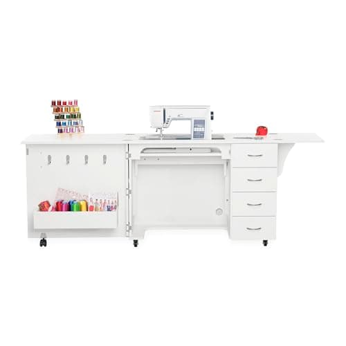 Arrow Classic Sewing Furniture Harriet Full-Size Sewing Cabinet with Hydraulic Machine Lift, Drawers, Expandable Leaves, Locking Wheels - Ash White