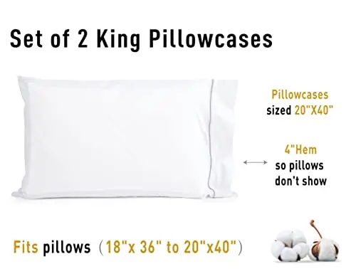 Sunflower Pillow Cases King Set of 2, 100% Cotton King Pillowcases, 20×40 inches with Silver Trim, Soft and Breathable, White 7