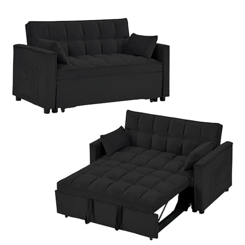 Tmsan 55.2" Loveseat Pull Out Couch, 3 in 1 Velvet Convertible Sleeper Sofa Bed for Living Room, Small Love Seat Futon Sofa Bed with Reclining Backrest, Toss Pillows, Side Pockets for Small Spaces 7