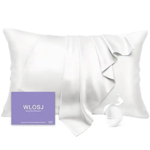 WLOSJ 100% Silk Pillow Cases Standard Size Mulberry Silk Pillowcase for Hair and Skin 22 Momme Highest Grade 6A Silk Cooling Soft Smooth with Zipper 20 x 26 Inches 1PC, White