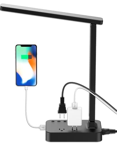 Drevet LED Desk Lamp for College Dorm Room, Desk Light with 1 USB Charging Port 2 AC Power Outlet, 3 Lighting Modes, 3 Level Brightness Touch Lamp, Eye-Caring Home Office Foldable Table Lamp