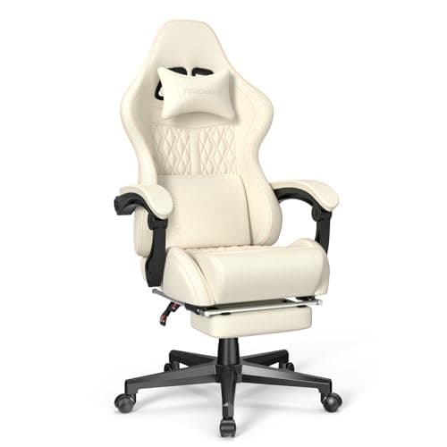 Ferghana Vintage PU Leather Gaming Chair - High Back Massage, Ergonomic Computer Office Chair with Footrest - Racing Style Reclining Beige Gaming Seat