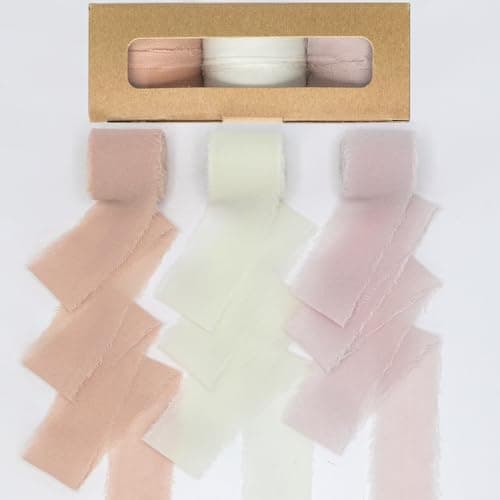 3 Rolls Chiffon Ribbon Fringe Fabric Ribbons for Gifts Wrapping, 1.5" Wide x 7 Yd Pink & Cream Handmade Fringe Chiffon Silk Ribbon for Flowers Bouquets Wedding Decorations Invitations Christmas Crafts