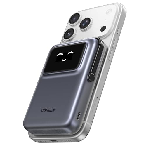 UGREEN Uno 10000mAh Magnetic Portable Charger, Qi 7.5W Wireless Power Bank, PD 20W USB C Battery Pack with Foldable Stand and TFT Display MagSafe Compatible iPhone 17/16 /15/14/13/12 Series, Black