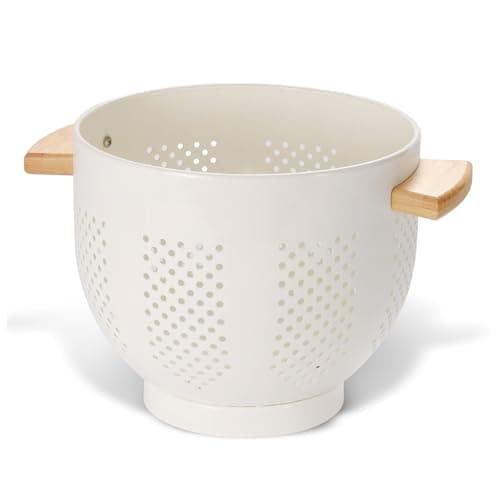 Metal Colander with Wood Handle and Stable Base, 5.5 Quart Powder Coated Steel Kitchen Strainer Basket for Draining Pasta, Vegetable and fruit,Cream