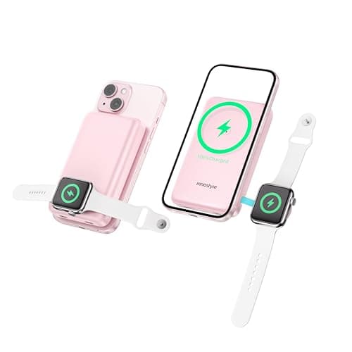 Magnetic Power Bank 10000mah Portable 2 in 1 Wireless Charger Travel Battery Pack Slim Magsafe Charger for iPhone 15 14 13 12 Series with Apple Watch Charger 20W PD Fast Charging USB C (Pink), IW202