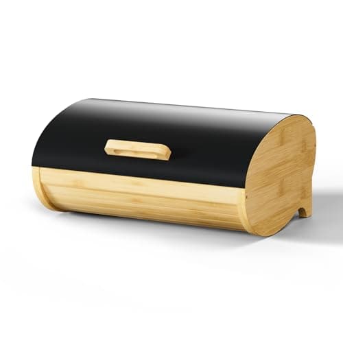 Modern Bread Box for Kitchen Countertop, Bamboo Storage Container with Stainless Steel Lid, Bread Storage Bin for Homemade Bread, Counter Organizer for Snack Tea Coffee Sugar (Black Large) 8