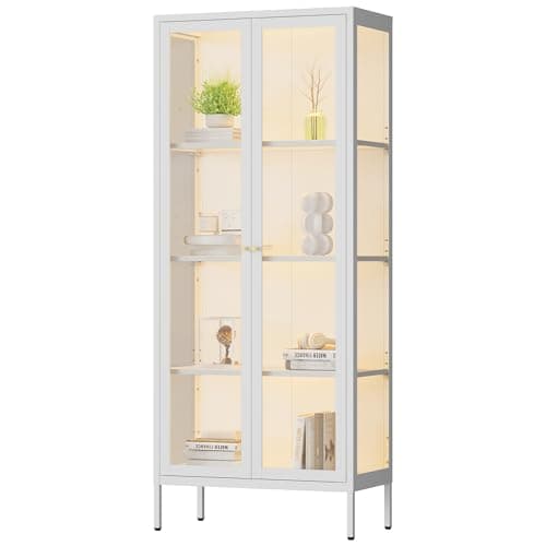 Polup Display Cabinet with 3 Color LED Lights and Tempered Glass, 66 Inch Tall Curio Cabinet with 3 Side Glass, White Display Case for Collectibles, Lighted Cabinets for Living Room- Assemble Required