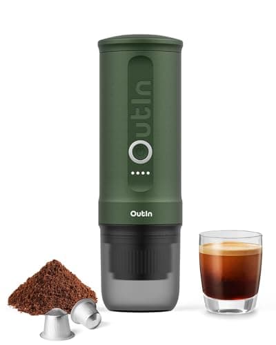 OutIn Nano Portable Electric Espresso Machine, Travel Coffee Maker for Camping, Car Coffee Maker Self-Heating with USB-C, With Ground Coffee & NS Capsule for RV, Hiking, Office