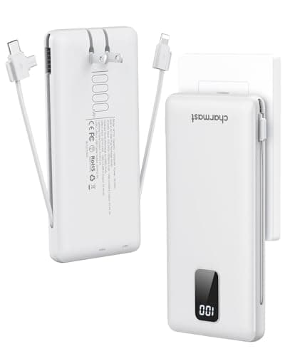 charmast Portable Charger with Built-in Cables and Plug, 10000mAh USB C Power Bank Fast Charging, External Battery Pack Slim, Travel Essentials Compatible with iPhones, Samsung Galaxy, iPad