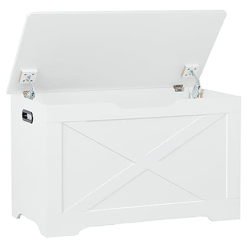 Timberer Storage Chest, Wooden Storage Bench, Entryway Shoes Bench with 2 Safety Hinges, Retro Storage Trunk for Living Room, Bedroom, 15.7 x 31.5 x 18.9 Inches, White