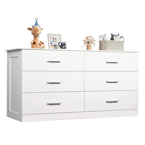 WLIVE White Dresser with 6 Drawers, Wide Wooden Chest of Drawers for Bedroom, Large White Storage Tower Unit, Modern Minimalist Closet Store Organizer for Living Room, Hallway