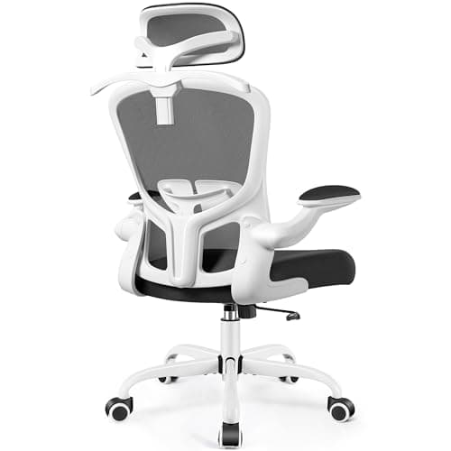 FelixKing Office Chair with Headrest, Ergonomic Desk Chair with Wheels, Task Swivel Comfy Chair with Adjustable Lumbar Support, Breathable Mesh Computer Chair with flip-up Armrests (White)