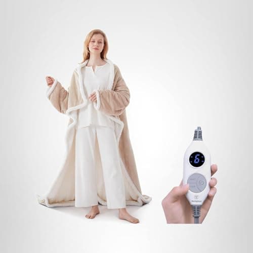 Westinghouse Electric Snuggle Throw Blankets with Foot Pocket, Wearable Heated Throw with Sleeves, 6 Heating Levels & 2 to 10 Hours Heating Time Settings, 50 * 70"+18", Beige 8