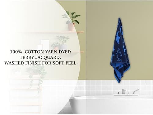 ORIGINAL KIDS 6 Piece Towel Set - Bath Time Shark Attack- 2 Bath Towels, 2 Hand Towels, 2 Washcloths - 100% Cotton Jacquard Soft Absorbent Quick Dry Pool Beach Towel Gift - Navy Blue 6