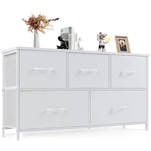 DUMOS Dresser for Bedroom, 5 Storage Drawers, Wide Fabric Closet Chests Organizer Tower Furniture with Wooden Top Metal Frame for Clothes, Guest Room, Living Room, Hallway, Entryway