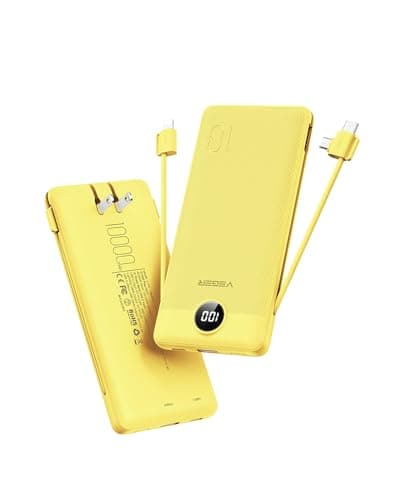 VEGER Portable Charger with Built-in AC Plug and Cables, All in One 10000mAh Ultra Slim Power Bank Travel Essentials, Fast Charging Battery Pack Compatible with iPhone, Samsung, Android (Yellow)