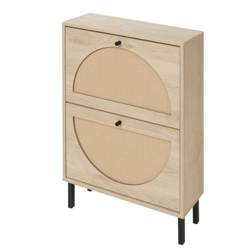 ZeHuoGe Rattan Shoe Cabinet with 2 Flip Drawers, Narrow Hidden Entrance Hallway Free Standing Shoe Rack for Heels, Slippers (Natural) 10
