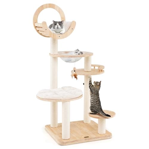 PETSITE 57 Inches Tall Wooden Cat Tree, Multi-Level Cat Tower with Scratching Posts, Space Capsule Bed, Padded Platform and Hanging Ball, Modern Transformable Cat Tree Tower for Indoor Cats Large