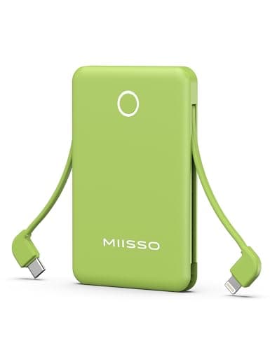 miisso 6000mah Ultra Slim Built in Cables Power Bank, Card Size Built in USB C Cords Battery Pack Portable Charger for Phones, 3 Output External Battery Pack Compatible with iPhone, Deep Green