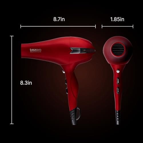 TREZORO Professional Hair Dryer, Ionic Ceramic Tourmaline Technology, 2000W Fast Quiet Drying, with Narrow & Wide Concentrator Nozzles, 3 Heat & 2 Speed Settings, Cool Shot Button, Red 6