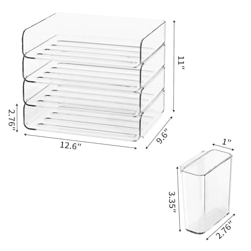 FANXIYQ 4-Tier Horizontal Acrylic Paper Tray Organizer with Pen Holder | Clear Stackable Desk Organizer for Documents, Letters, A4 Paper | Modern Office/Classroom/Home Organization 5