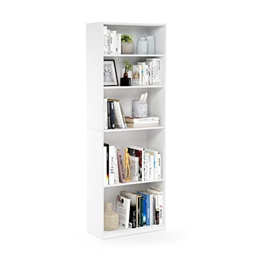 Furinno Jaya Book Shelf, 5-Tier Bookshelf, Bookcase with Adjustable Shelves, 9.5 x 24.5 x 71.2, for Organization and Storage, for Living Room, Bedroom, Home Office, White