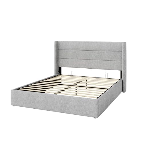 SHA CERLIN Full Size Lift Up Storage Bed/Modern Wingback Headboard/Upholstered Platform Bed Frame/Hydraulic Storage/No Box Spring Needed/Wood Slats Support/Light Grey 9