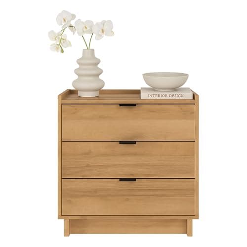 Prepac Simply Modern Nightstand Bedside Table, Natural Oak Nightstand for Bedroom, End Table with 3 Drawers 26.5" W x 26.75" H x 16" D