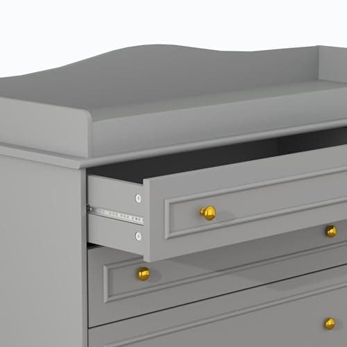 St.Mandyu Grey Changing Table Dresser, Baby Nursery Dresser, Baby Diaper Changing Table, 5 Drawers, Adjustable Shelves, Metal Handle, Curved Wrapping Design, Grey 5