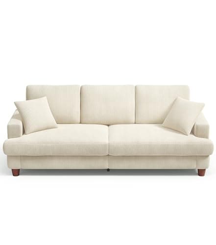 Kidirect 87in Beige White Sofa, Couches for Living Room 21in Extra Deep Seats, Comfy Corduroy Sofas for Living Room No Tool Assembly, Modern Oversized Love Seat with 2 Pillows, Sofa Couch for Bedroom