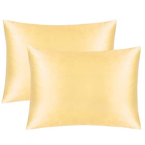 FLXXIE 2 Pack Zipped Satin Standard Pillowcases for Hair and Skin, Silky and Super Soft (20"x26") Zippered Satin Pillow Cases, Yellow, 20x26 Inches