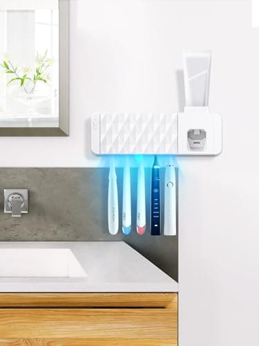 Toothbrush Holders - OVAS HOO Toothbrush Holders for Bathrooms Toothbrush Holder Wall Mounted with Toothpaste Dispenser 5 Toothbrush Slots & Timing Function (White, Batteries Required), 5573