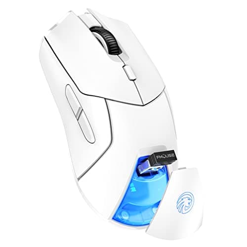 FMOUSE White Wireless Gaming Mouse, Tri Mode (2.4G/Bluetooth/Wired), PAW3311 Sensor, 12,000 DPI, 1,000Hz, 6 Programmable Buttons, USB C Rechargeable, Ergonomic Gamers Optical Mice for PC/Laptop/Mac