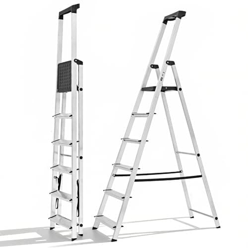 DUMOS 6 Step Ladder, 330lbs Folding Step Stool with Anti-Slip Wide Pedal Handrails, Aluminum Stool Ladders, Safety Household Ladder for Home Kitchen Courtyard Outdoor
