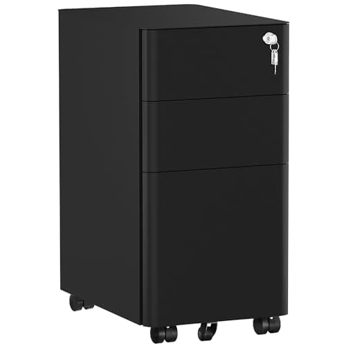 DWVO 3-Drawer Vertical File Cabinet, Mobile Filing Cabinet with Lockable, Pre-Assembled Compact Slim File Cabinet, Portable Office Storage for A4/Letter/Legal Documents (Black)